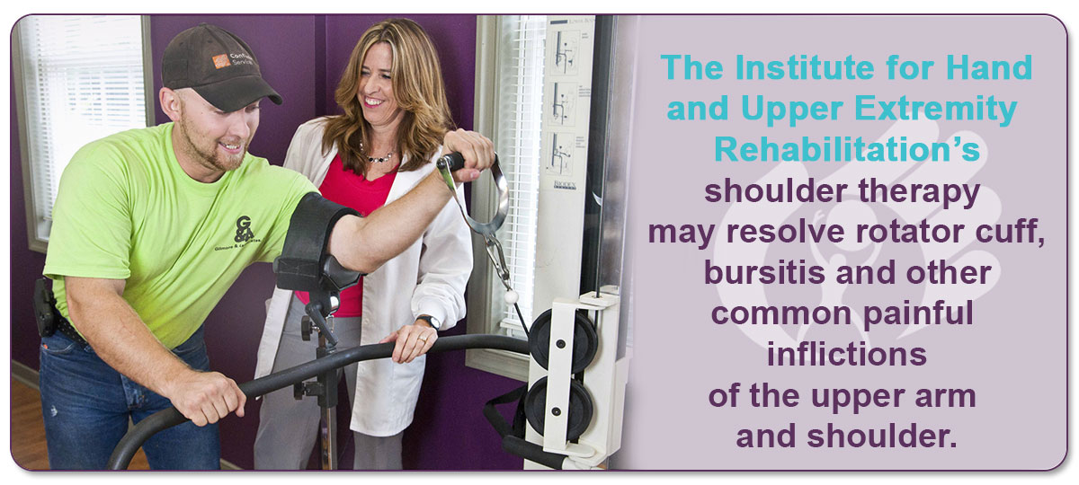 Strenghtening exercises are used to help restore function of the upper extremity to help return injured workers to their jobs.  We also provide Functional Capacity Evaluation and work hardening programs.   The Hand Institute’s Shoulder Therapy may resolve rotator cuff, bursitis and other common painful inflictions of the upper arm and shoulder.